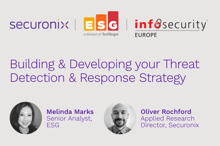 securonix, ESG and info security Europe logos with Melinda Marks and Oliver Rochford headshots